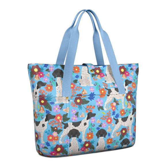 Tote Bag for Women - German Shorthaired Pointer Dog and Flower Shoulder Bag - Large Utility Work Duffle Bag with Zipper Handbag for Travel, Work, Sprots