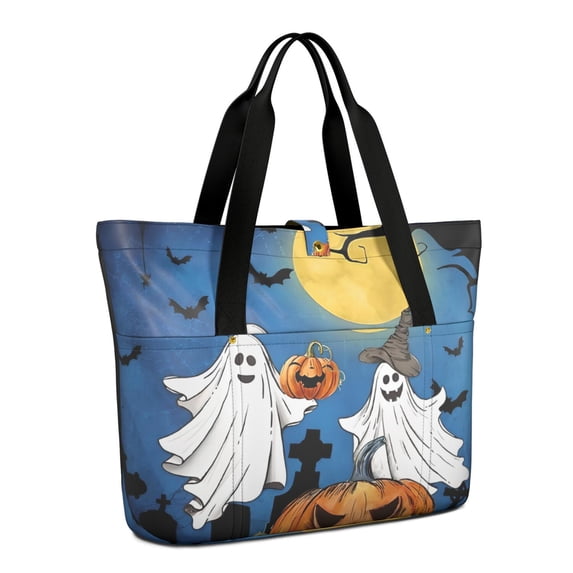 Tote Bag for Women - Halloween Ghosts and Pumpkins in Graveyard Shoulder Bag - Large Utility Work Duffle Bag with Zipper Handbag for Travel, Work, Sprots