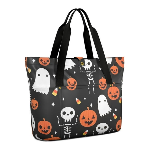 Tote Bag for Women - Halloween Ghosts Pumpkins and Skeletons Shoulder Bag - Large Utility Work Duffle Bag with Zipper Handbag for Travel, Work, Sprots