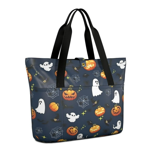 Tote Bag for Women - Halloween Ghosts Pumpkins and Spider Webs Shoulder Bag - Large Utility Work Duffle Bag with Zipper Handbag for Travel, Work, Sprots