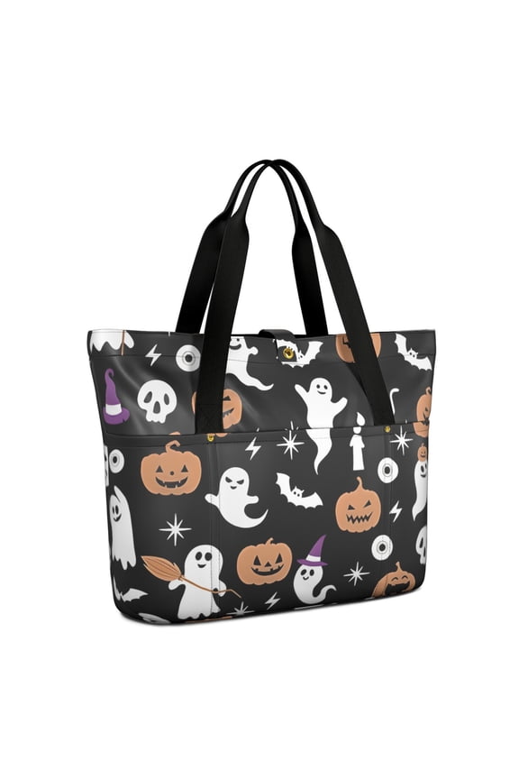 Tote Bag for Women - Halloween Ghosts Pumpkins and Spooky Icons Shoulder Bag - Large Utility Work Duffle Bag with Zipper Handbag for Travel, Work, Sprots