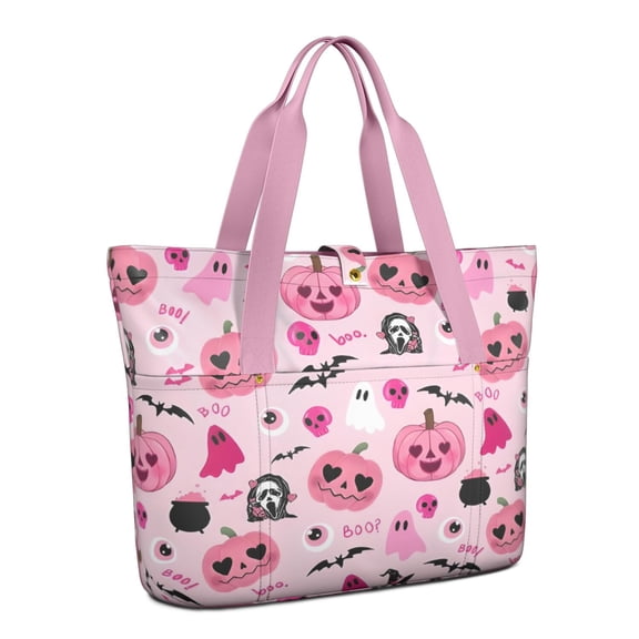 Tote Bag for Women - Halloween Pink Spooky Hearts and Ghosts Shoulder Bag - Large Utility Work Duffle Bag with Zipper Handbag for Travel, Work, Sprots