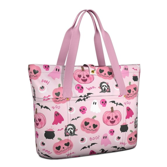 Tote Bag for Women - Halloween Pink Spooky Hearts and Ghosts Shoulder Bag - Large Utility Work Duffle Bag with Zipper Handbag for Travel, Work, Sprots