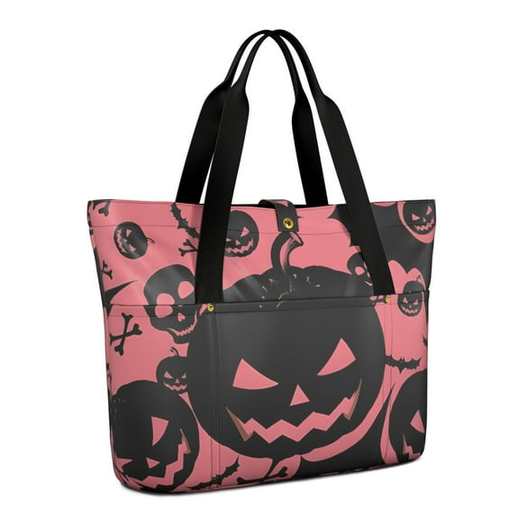 Tote Bag for Women - Halloween Pink Spooky Pumpkins and Bats Shoulder Bag - Large Utility Work Duffle Bag with Zipper Handbag for Travel, Work, Sprots