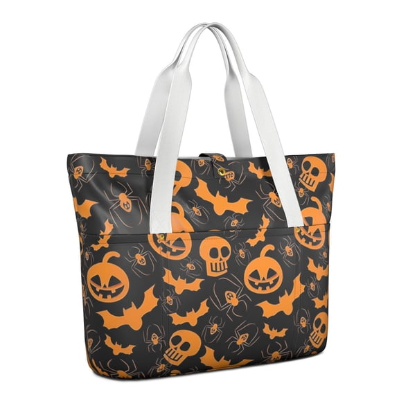 Tote Bag for Women - Halloween Pumpkins Bats Spiders and Skulls Shoulder Bag - Large Utility Work Duffle Bag with Zipper Handbag for Travel, Work, Sprots