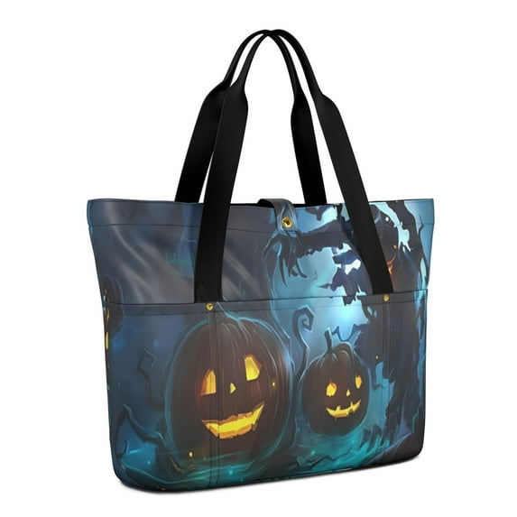 Tote Bag for Women - Halloween Scarecrow and Pumpkins At Night Shoulder Bag - Large Utility Work Duffle Bag with Zipper Handbag for Travel, Work, Sprots