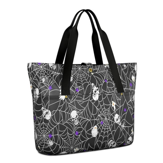 Tote Bag for Women - Halloween Spider Web and Skulls Pattern Shoulder Bag - Large Utility Work Duffle Bag with Zipper Handbag for Travel, Work, Sprots