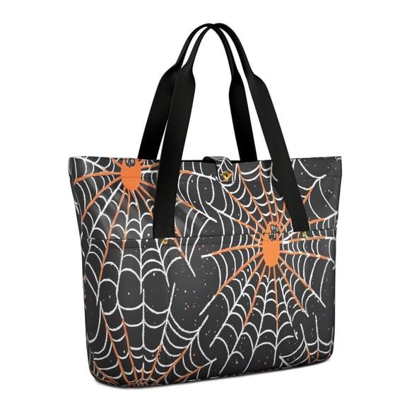Tote Bag for Women - Halloween Spider Webs with Orange Spiders Shoulder Bag - Large Utility Work Duffle Bag with Zipper Handbag for Travel, Work, Sprots