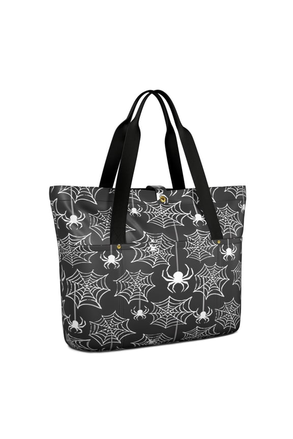 Tote Bag for Women - Halloween White Spider Webs and Spiders Pattern Shoulder Bag - Large Utility Work Duffle Bag with Zipper Handbag for Travel, Work, Sprots