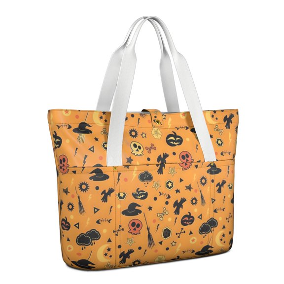 Tote Bag for Women - Halloween Witchy Icons on Orange Pattern Shoulder Bag - Large Utility Work Duffle Bag with Zipper Handbag for Travel, Work, Sprots