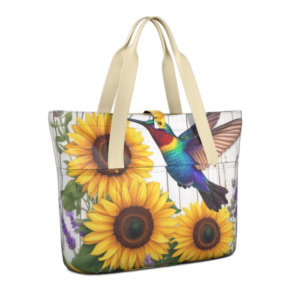 Tote Bag for Women - Hummingbird with Sunflowers and Lavender Shoulder Bag - Large Utility Work Duffle Bag with Zipper Handbag for Travel, Work, Sprots