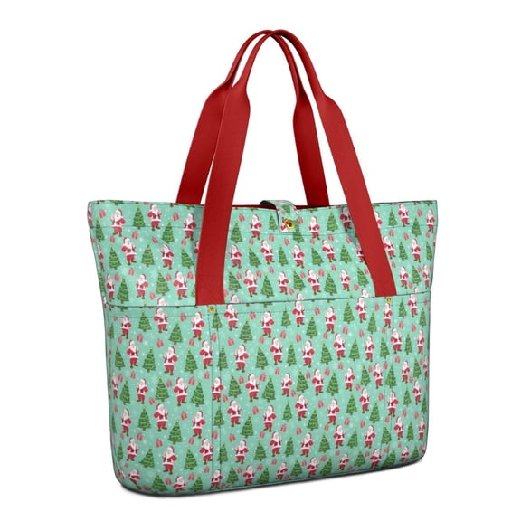 Tote Bag for Women - Light Blue Christmas Santa and Tree Pattern Shoulder Bag - Large Utility Work Duffle Bag with Zipper Handbag for Travel, Work, Sprots
