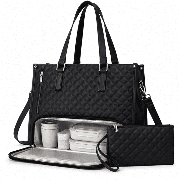 Tote Bag for Women, Lunch Tote Bag for Women with Insulated Lunch Compartment, 15.6 Inch Laptop Work Bag, Quilted Laptop Tote Bag with Purse for Office, Nurse, Teacher, Travel