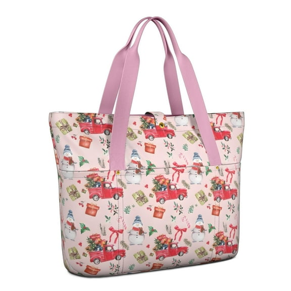 Tote Bag for Women - Pink Christmas Red Truck and Snowman Pattern Shoulder Bag - Large Utility Work Duffle Bag with Zipper Handbag for Travel, Work, Sprots