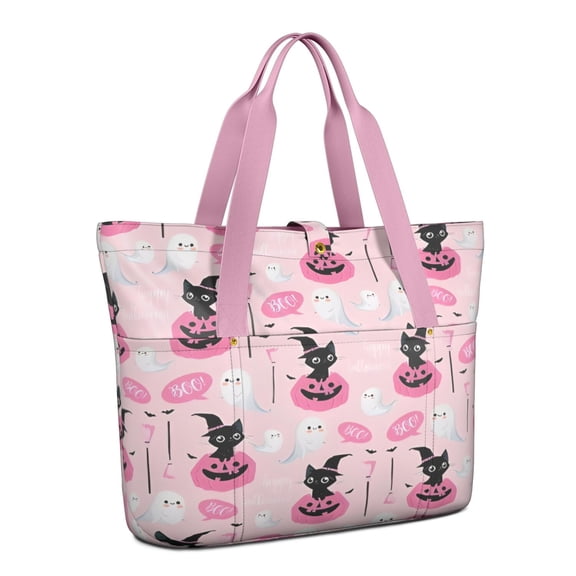 Tote Bag for Women - Pink Halloween Black Cats Ghosts and Pumpkins Shoulder Bag - Large Utility Work Duffle Bag with Zipper Handbag for Travel, Work, Sprots