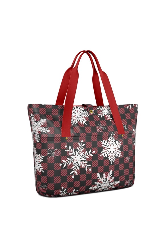 Tote Bag for Women - Red and Black Checkered Christmas Snowflake Pattern Shoulder Bag - Large Utility Work Duffle Bag with Zipper Handbag for Travel, Work, Sprots