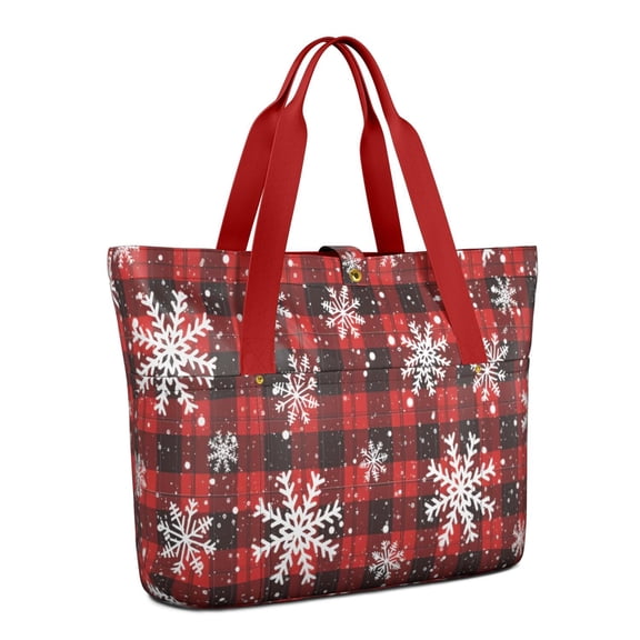 Tote Bag for Women - Red and Black Christmas Snowflake Pattern Shoulder Bag - Large Utility Work Duffle Bag with Zipper Handbag for Travel, Work, Sprots