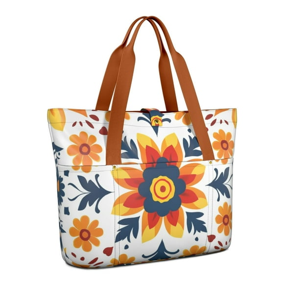 Tote Bag for Women - Red and Blue Pioneer Flower Modern Art Geometric Shoulder Bag - Large Utility Work Duffle Bag with Zipper Handbag for Travel, Work, Sprots