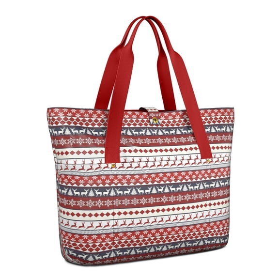 Tote Bag for Women - Red Christmas Deer and Snowflake Pattern Shoulder Bag - Large Utility Work Duffle Bag with Zipper Handbag for Travel, Work, Sprots