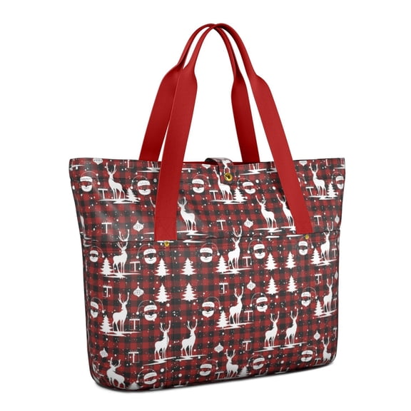 Tote Bag for Women - Red Christmas Plaid Deer and Tree Pattern Shoulder Bag - Large Utility Work Duffle Bag with Zipper Handbag for Travel, Work, Sprots