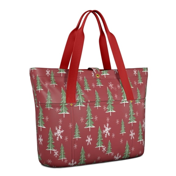 Tote Bag for Women - Red Christmas Tree and Snowflake Pattern Shoulder Bag - Large Utility Work Duffle Bag with Zipper Handbag for Travel, Work, Sprots
