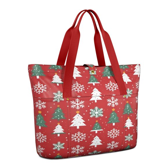 Tote Bag for Women - Red Christmas Tree and Snowflake Pattern Shoulder Bag - Large Utility Work Duffle Bag with Zipper Handbag for Travel, Work, Sprots