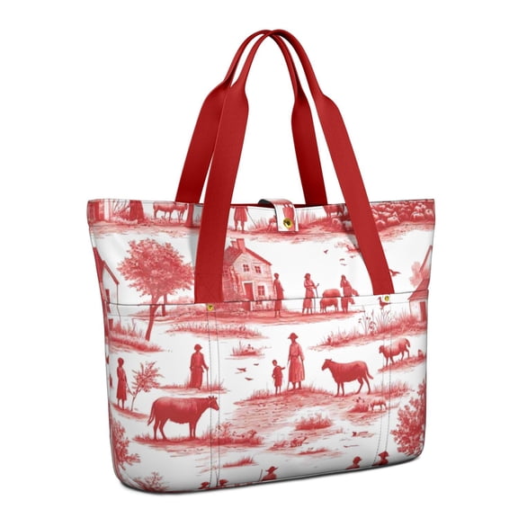 Tote Bag for Women - Red Toile Pattern Sheep Herders Dogs Houses Shoulder Bag - Large Utility Work Duffle Bag with Zipper Handbag for Travel, Work, Sprots