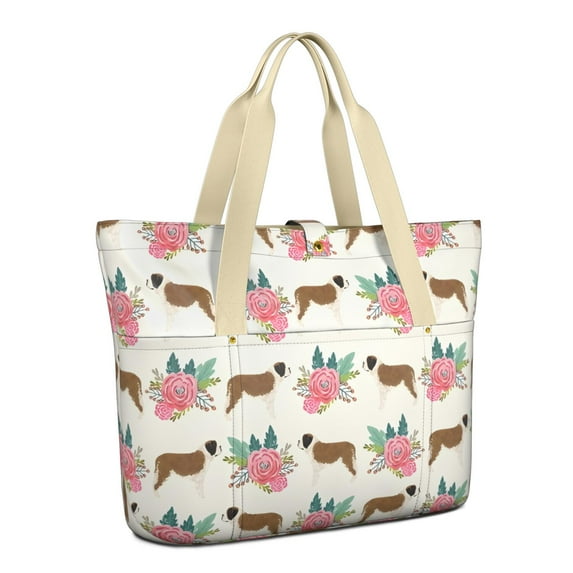 Tote Bag for Women - Saint Bernard Dog Breed and Flower Floral Shoulder Bag - Large Utility Work Duffle Bag with Zipper Handbag for Travel, Work, Sprots