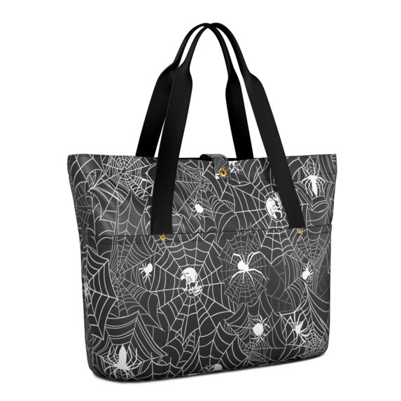 Tote Bag for Women - Spider Web and Skulls Halloween Pattern Shoulder Bag - Large Utility Work Duffle Bag with Zipper Handbag for Travel, Work, Sprots