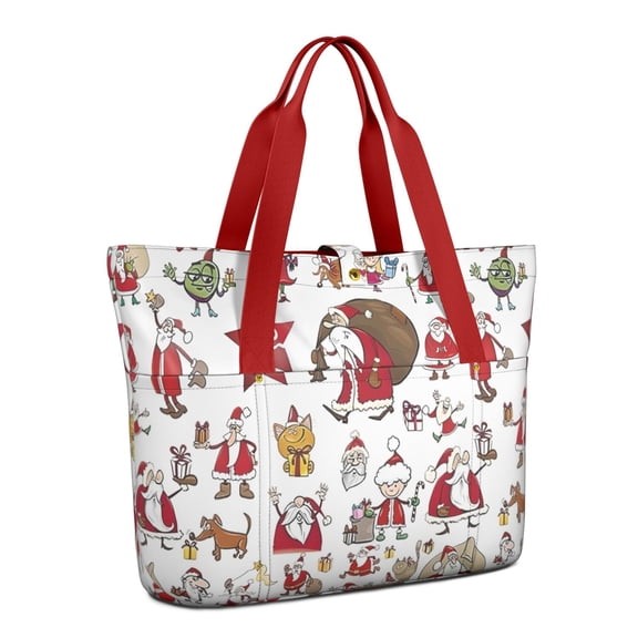 Tote Bag for Women - White Christmas Santa and Character Pattern Shoulder Bag - Large Utility Work Duffle Bag with Zipper Handbag for Travel, Work, Sprots