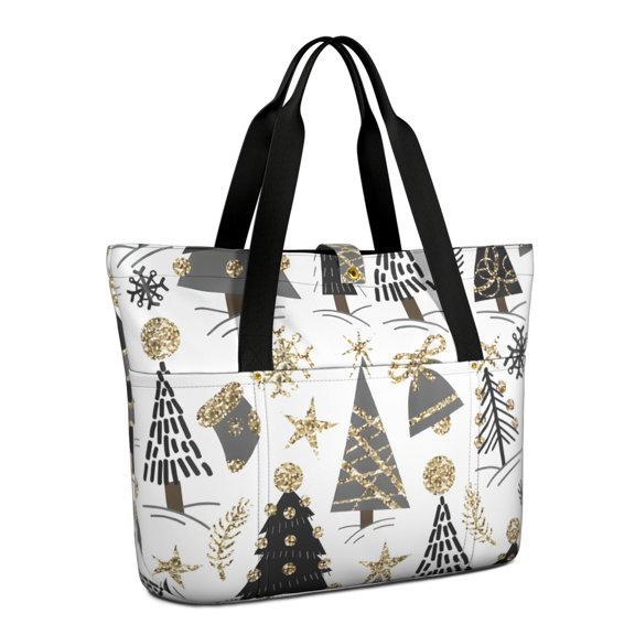 Tote Bag for Women - White Christmas Tree and Snowflake Pattern Shoulder Bag - Large Utility Work Duffle Bag with Zipper Handbag for Travel, Work, Sprots