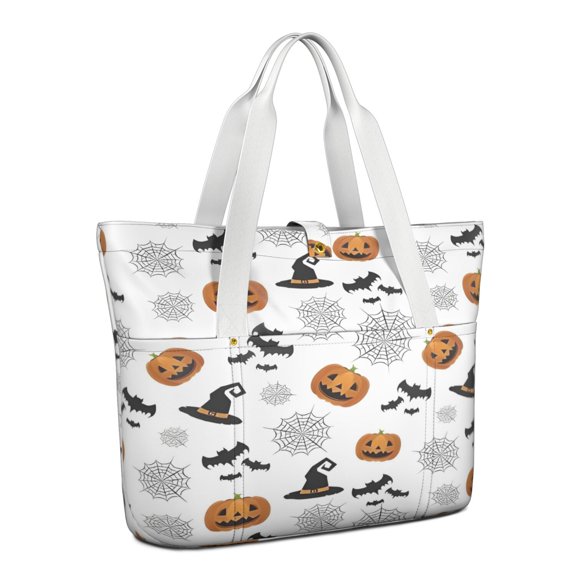 Tote Bag for Women - White Halloween Pumpkins Bats and Witch Hats Shoulder Bag - Large Utility Work Duffle Bag with Zipper Handbag for Travel, Work, Sprots