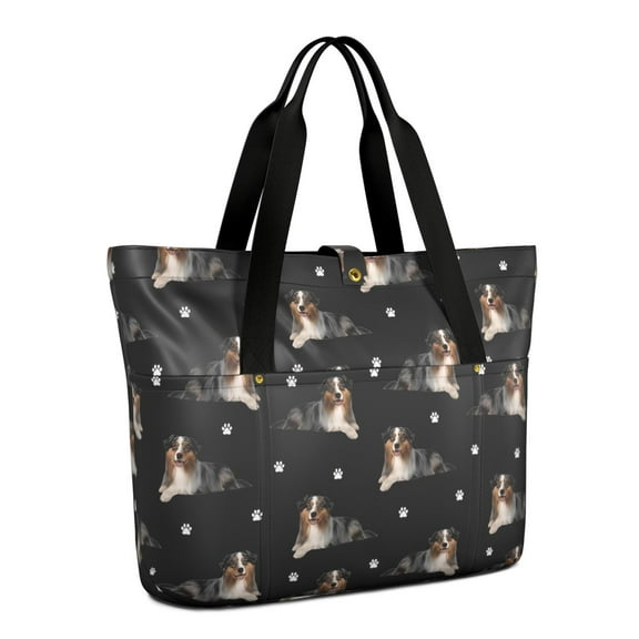 Tote Bag for Women - Australian Shepherd Dog and Footprints Shoulder Bag - Large Utility Work Duffle Bag with Zipper Handbag for Travel, Work, Sprots