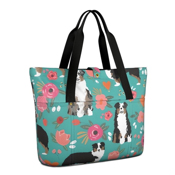 Tote Bag for Women - Australian Shepherd Floral Shoulder Bag - Large Utility Work Duffle Bag with Zipper Handbag for Travel, Work, Sprots