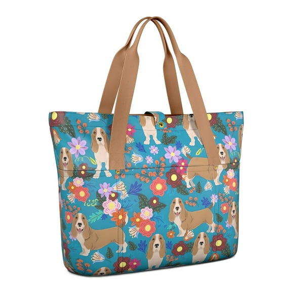 Tote Bag for Women - Basset Hound Dog and Flower Shoulder Bag - Large Utility Work Duffle Bag with Zipper Handbag for Travel, Work, Sprots