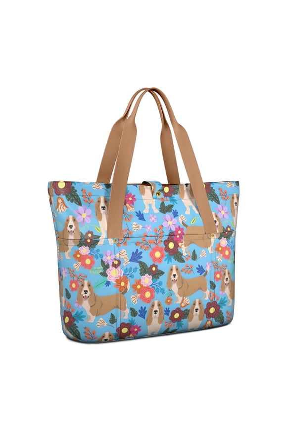 Tote Bag for Women - Basset Hound Dog and Flower Shoulder Bag - Large Utility Work Duffle Bag with Zipper Handbag for Travel, Work, Sprots