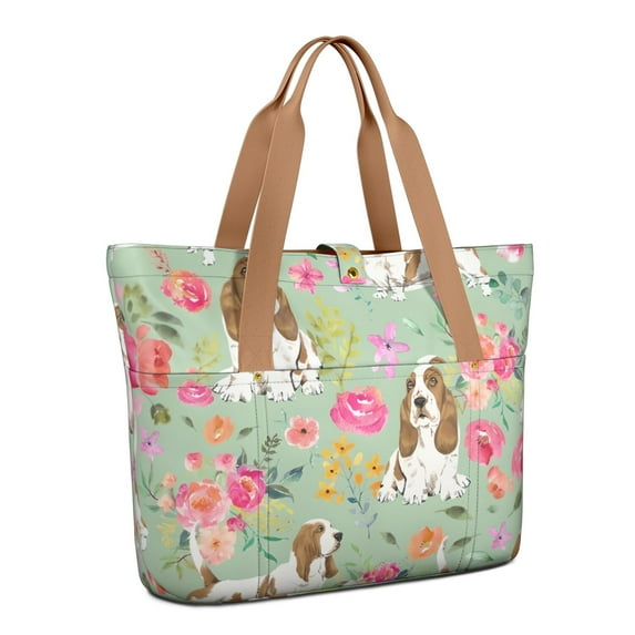 Tote Bag for Women - Basset Hound and Flowers Shoulder Bag - Large Utility Work Duffle Bag with Zipper Handbag for Travel, Work, Sprots