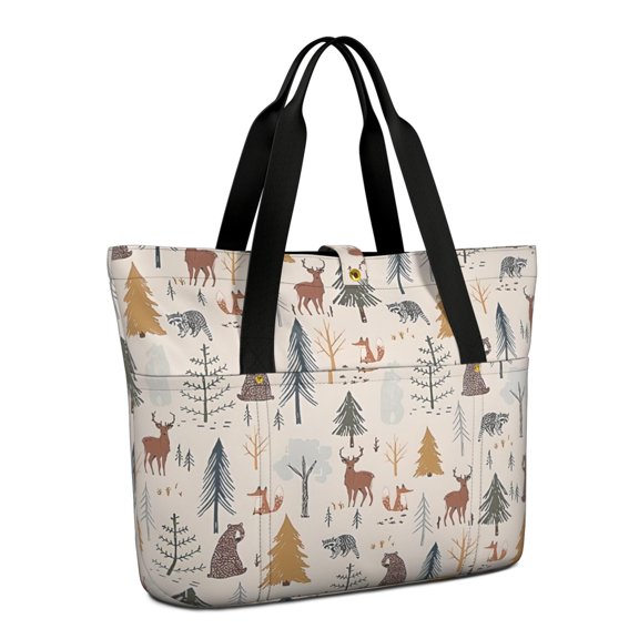 Tote Bag for Women - Beige Christmas Forest Animal Pattern Shoulder Bag - Large Utility Work Duffle Bag with Zipper Handbag for Travel, Work, Sprots