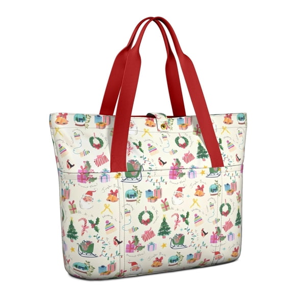 Tote Bag for Women - Beige Christmas Santa Pattern Shoulder Bag - Large Utility Work Duffle Bag with Zipper Handbag for Travel, Work, Sprots