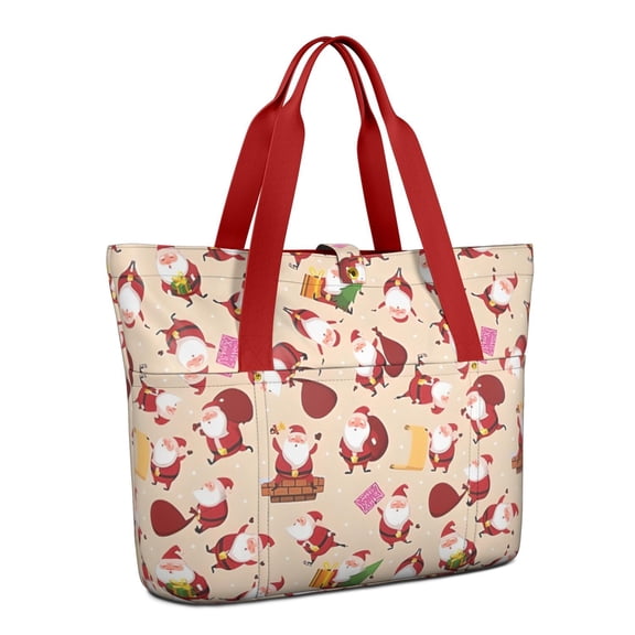Tote Bag for Women - Beige Christmas Santa Pattern Shoulder Bag - Large Utility Work Duffle Bag with Zipper Handbag for Travel, Work, Sprots