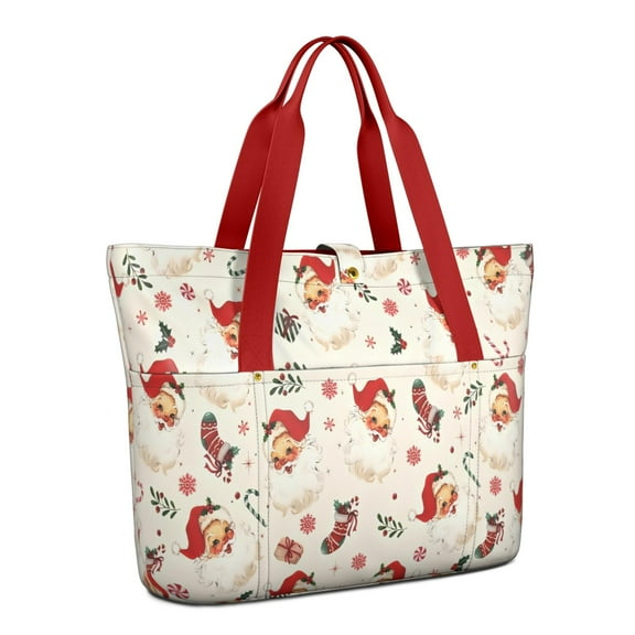 Tote Bag for Women - Beige Christmas Santa Pattern Shoulder Bag - Large Utility Work Duffle Bag with Zipper Handbag for Travel, Work, Sprots