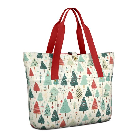 Tote Bag for Women - Beige Christmas Tree Pattern Shoulder Bag - Large Utility Work Duffle Bag with Zipper Handbag for Travel, Work, Sprots