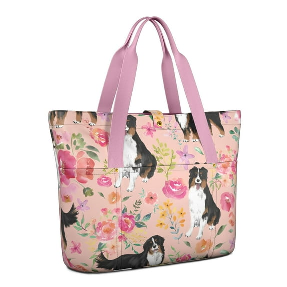 Tote Bag for Women - Bernese Mountain Dogs with Flowers Shoulder Bag - Large Utility Work Duffle Bag with Zipper Handbag for Travel, Work, Sprots