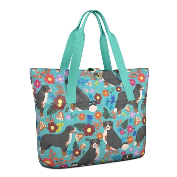 Tote Bag for Women - Bernese Mountain and Flower Shoulder Bag - Large Utility Work Duffle Bag with Zipper Handbag for Travel, Work, Sprots