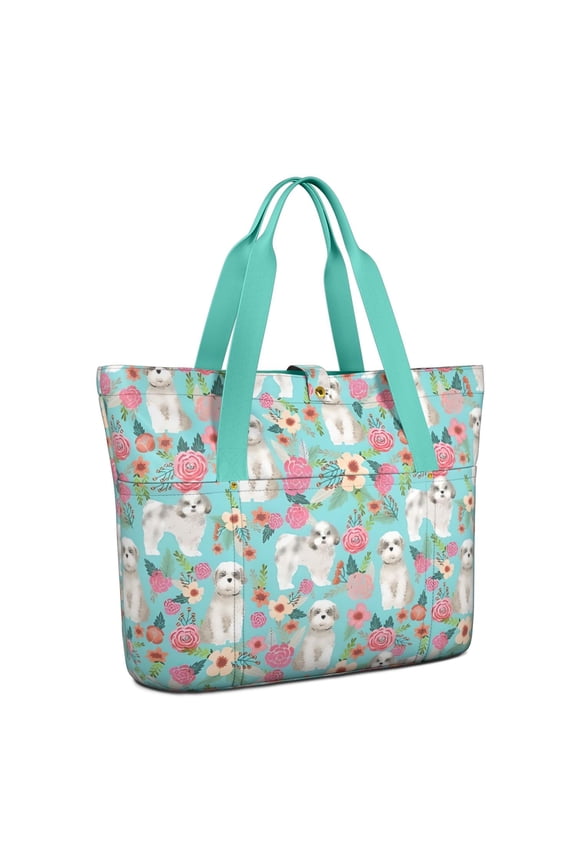 Tote Bag for Women - Bichon Dog Blue Florals Shoulder Bag - Large Utility Work Duffle Bag with Zipper Handbag for Travel, Work, Sprots