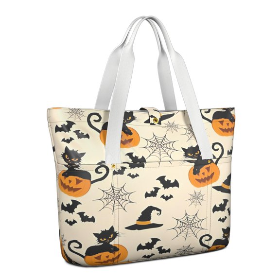 Tote Bag for Women - Black Cat Pumpkin Halloween Pattern Shoulder Bag - Large Utility Work Duffle Bag with Zipper Handbag for Travel, Work, Sprots