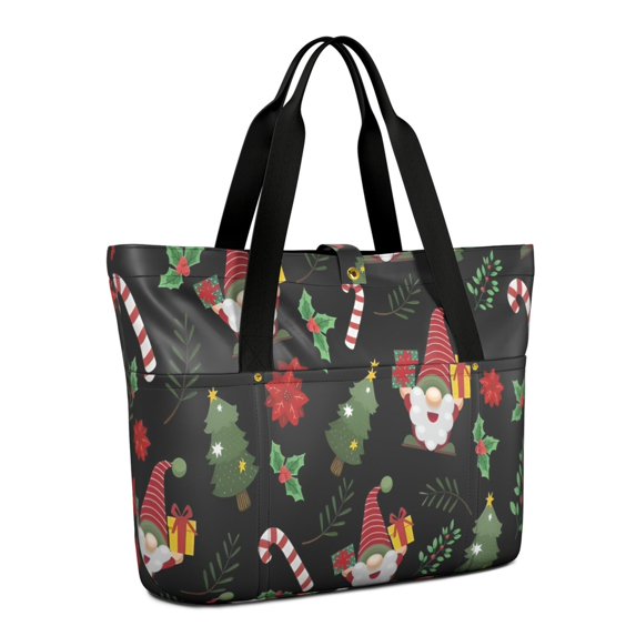 Tote Bag for Women - Black Christmas Gnome and Gift Pattern Shoulder Bag - Large Utility Work Duffle Bag with Zipper Handbag for Travel, Work, Sprots