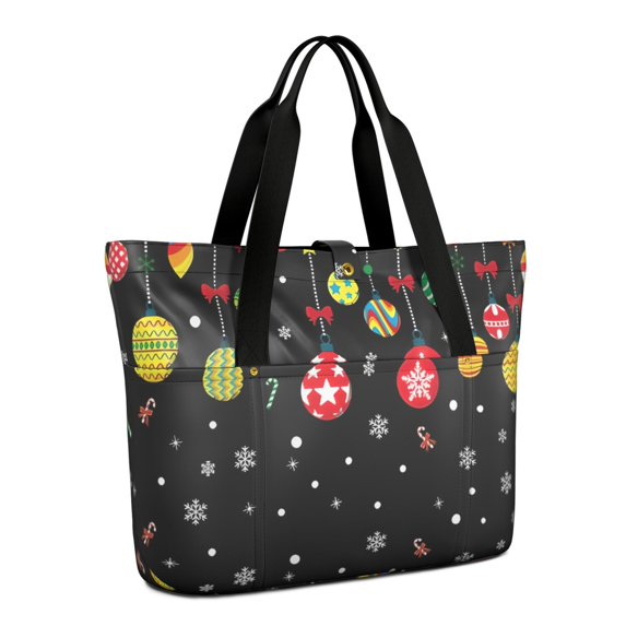 Tote Bag for Women - Black Christmas Ornament Pattern Shoulder Bag - Large Utility Work Duffle Bag with Zipper Handbag for Travel, Work, Sprots
