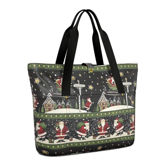 Tote Bag for Women - Black Christmas Santa Pattern Shoulder Bag - Large Utility Work Duffle Bag with Zipper Handbag for Travel, Work, Sprots