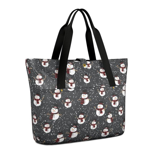 Tote Bag for Women - Black Christmas Snowman Pattern Shoulder Bag - Large Utility Work Duffle Bag with Zipper Handbag for Travel, Work, Sprots